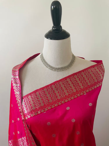 Assam Pat Mulberry Silk Saree | Bright Pink | Silver Zari | Handwoven | Silk Mark Certified | Ships from California